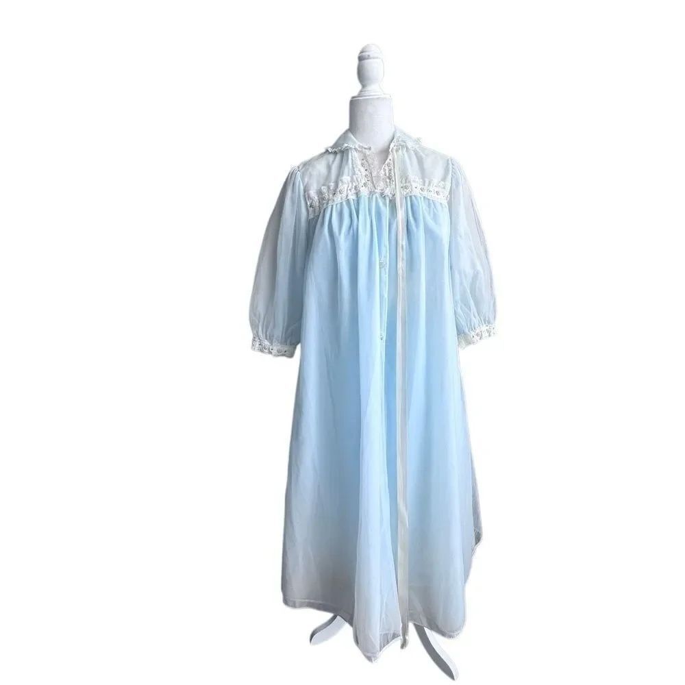 Tula Vintage 1940's Two Piece Set Nightgown Robe Blue Romantic Retro Lace Beaded